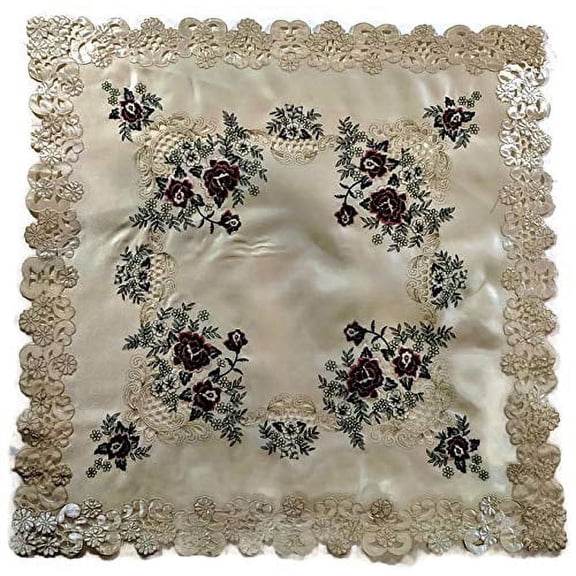 Square Embroidered Tablecloth with a Red Burgundy Rose on Ivory Fabric, Size 34 inches