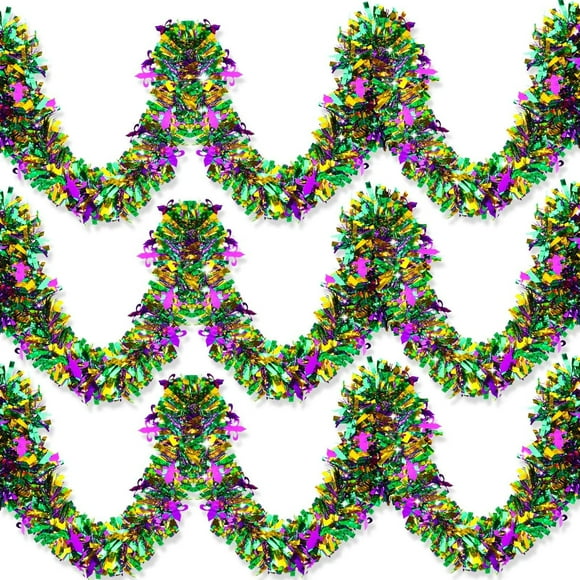 3 Pack Mardi Gras Tinsel Garland Decorations, 6.6FT Purple Green Gold Metallic Streamers Sparkling Glittering Hanging Decoration