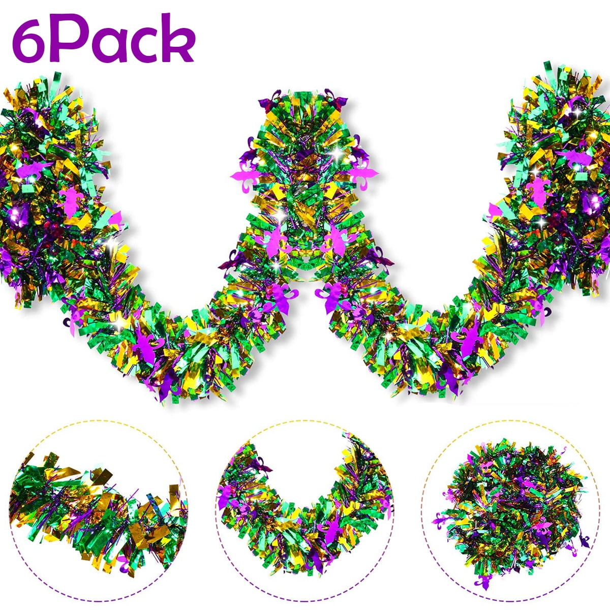 Doingart 6pcs Mardi Gras Decorations Garland 6.5ft Tinsel PET Hanging Party Accessory Streamers Green Gold Purple Metallic Glittering Garland Decor