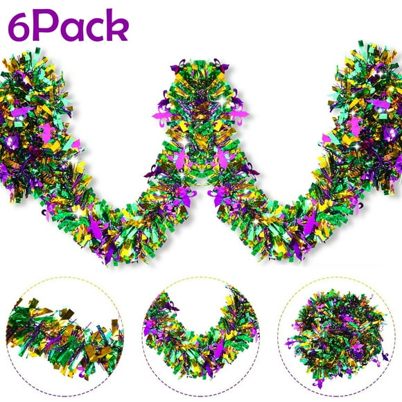Doingart 6pcs Mardi Gras Decorations Garland 6.5ft Tinsel PET Hanging Party Accessory Streamers Green Gold Purple Metallic Glittering Garland Decor