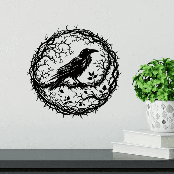 Dokdogs Gothic Thorn Wreath Crow Metal Wall Hanging Decor, Vintage Industrial Raven Branch Silhouette Black Metal Wall Art for Living Room & Bedroom