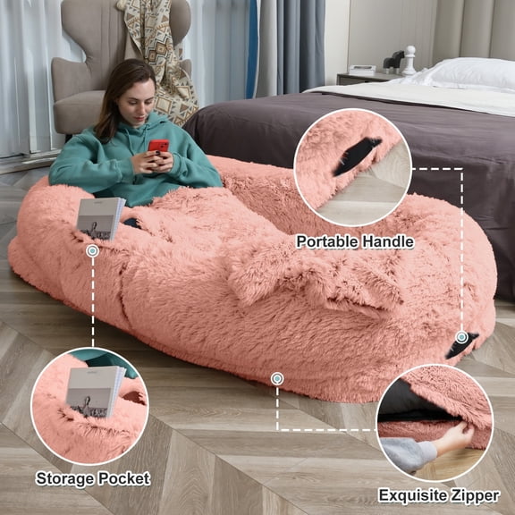 Dokdogs Human Dog Bed – 63"x31.4"x9.5" Washable Faux Fur Lounger for Adults & Pets, Cushion with Orthopedic Support, Includes Pillow & Blanket – Pink
