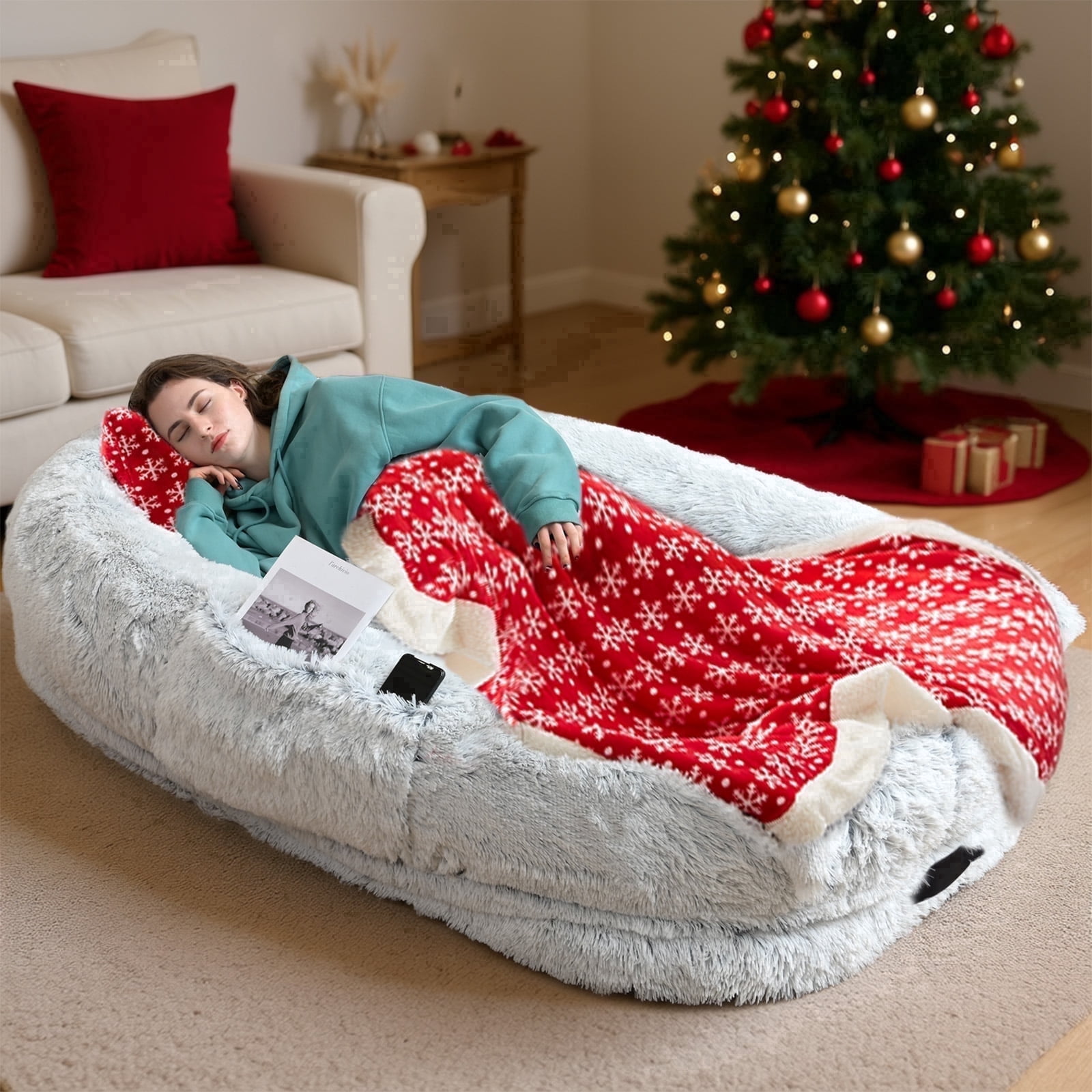 Dokdogs Human Dog Bed, 70"x44"x11" Size Fits You and Pets, Washable Faux Fur Dog Bed for People Doze off, Napping Orthopedic Dog Bed, Present Plump Pillow, Blanket, Strap - Grey Christmas Edition