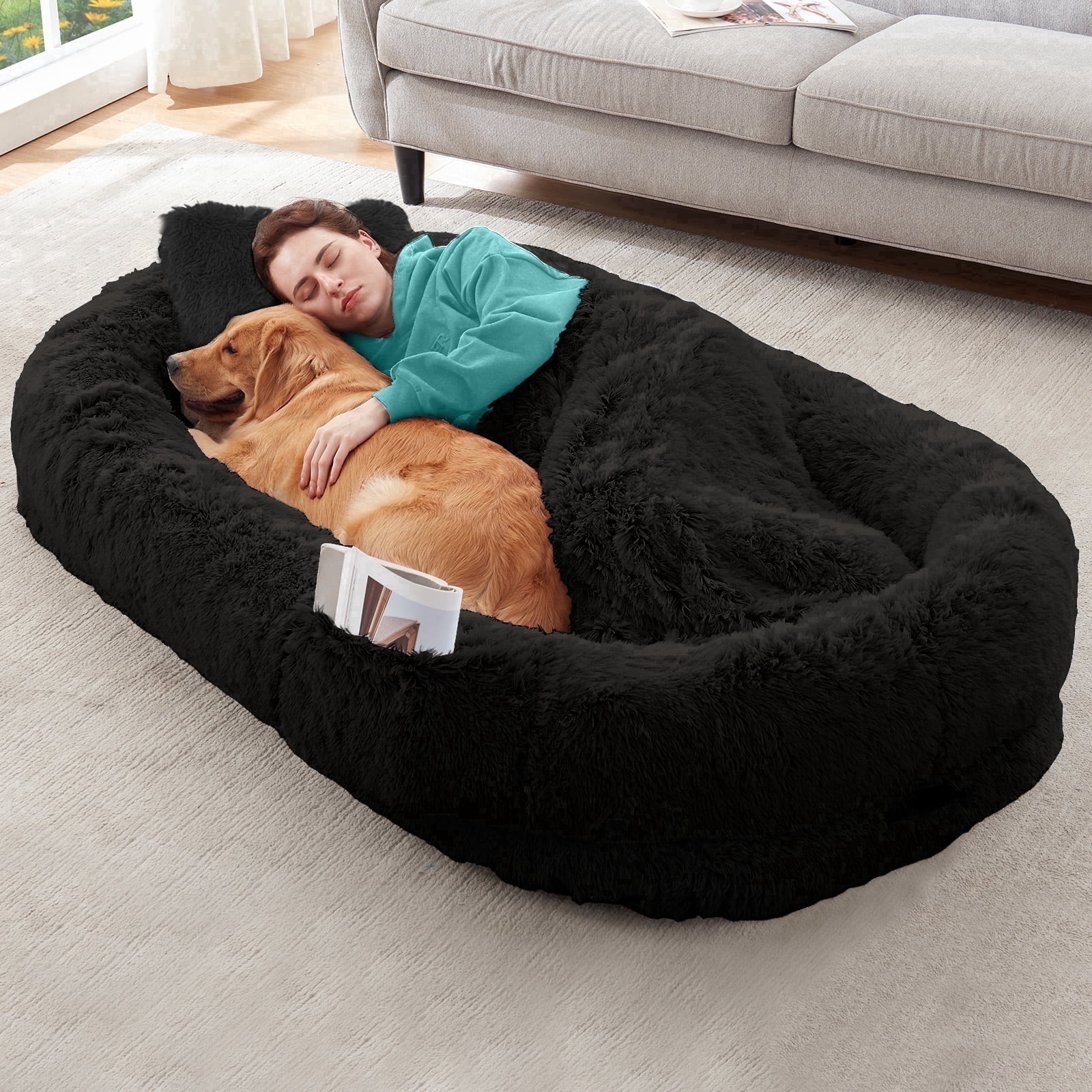 Dokdogs Oversized Human Dog Bed for Adults & Pets, 70"x44"x11" Washable Faux Fur Lounger with Orthopedic Support, Plush Pillow & Blanket Included - Black