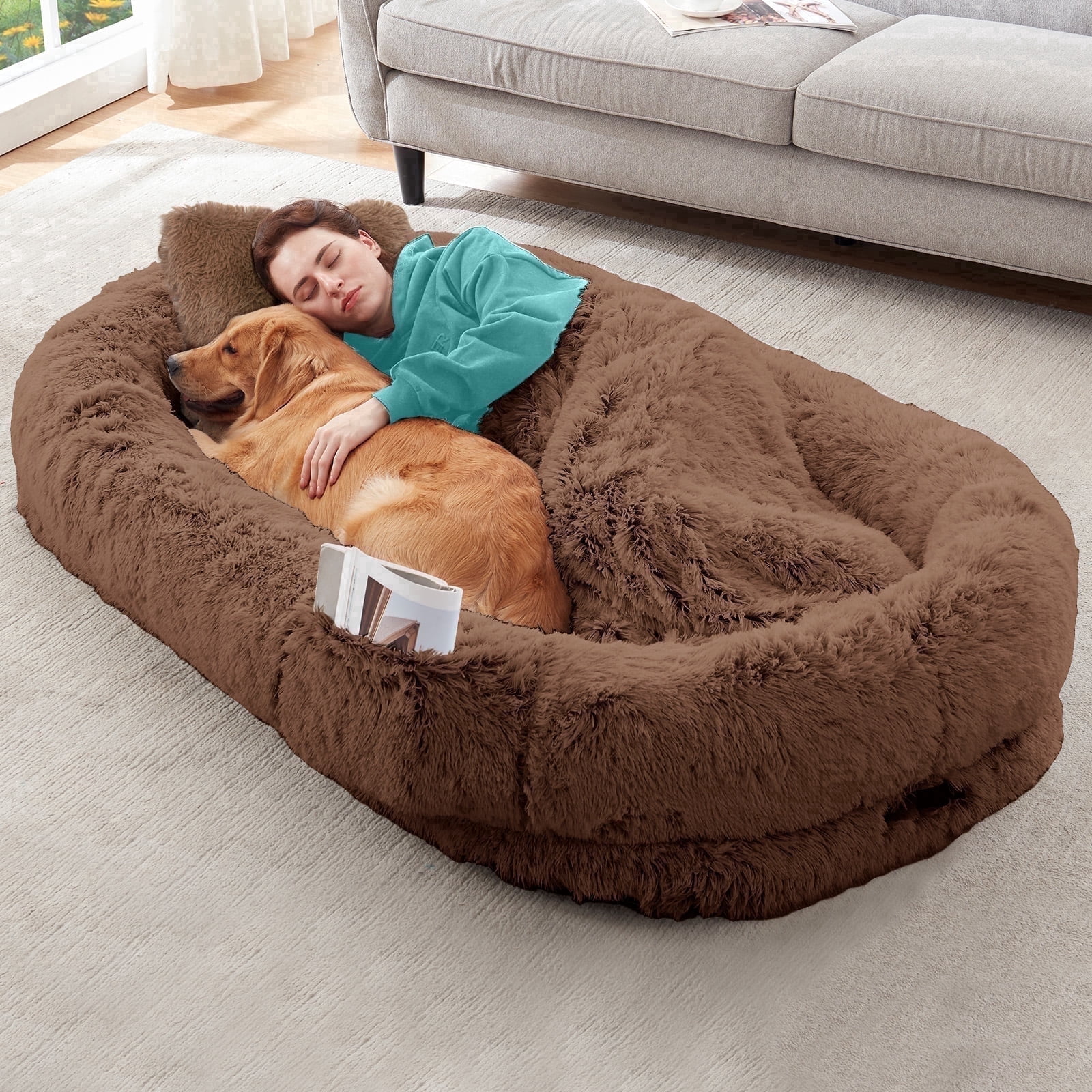 Dokdogs Oversized Human Dog Bed for Adults & Pets, 70"x44"x11" Washable Faux Fur Lounger with Orthopedic Support, Plush Pillow & Blanket Included - Coffee