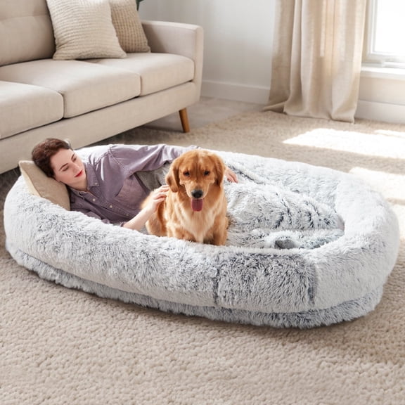 Dokdogs Human Dog Bed, 71"x45"x12" Size Fits You and Pets, Washable Faux Fur Dog Bed for People Doze Off, Napping Orthopedic Dog Bed, Present Plump Pillow, Blanket, Strap - Grey