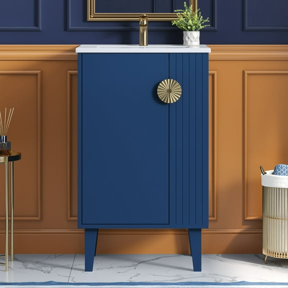 Dokea 20-Inch Blue Ceramic Sink Freestanding Vanity Set French Style Bathroom Vanity with Soft Closing Door