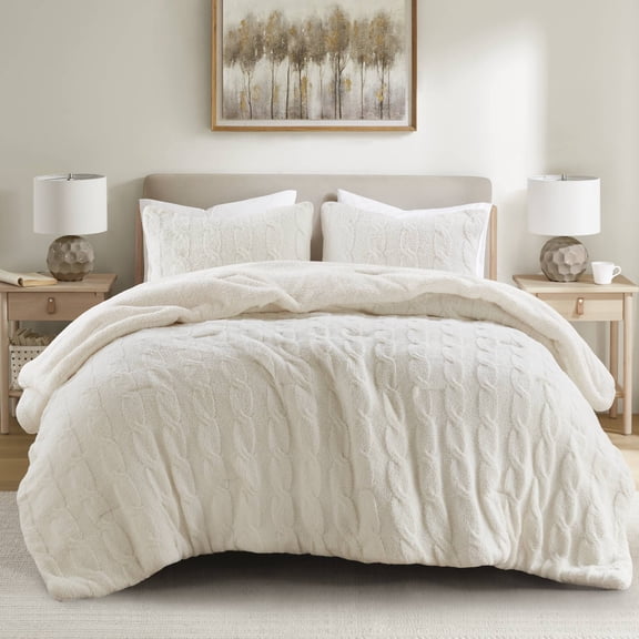 Dokea 3 Piece Full/Queen Cable Knit Chenille Comforter Set, Ivory - Bedding Sets