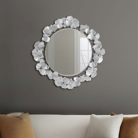 Dokea 30.5" Gingko Leaf Round Wall Mirror Silver - Wall Mirrors