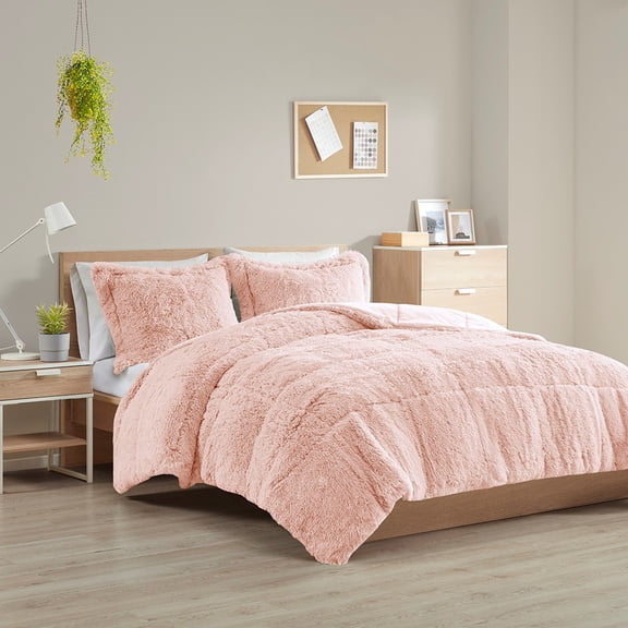 King/Cal King Shaggy Long Fur Comforter Mini Set Blush Polyester Bedding - Bedding Sets