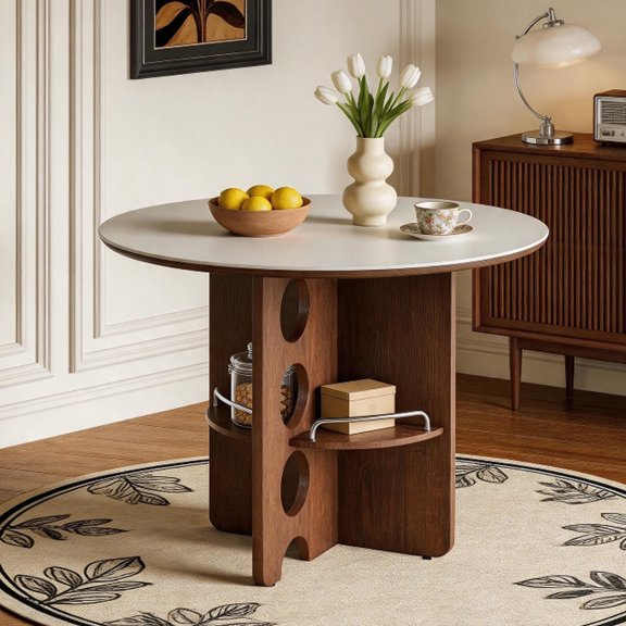 Dokea Medieval Style Dining Table - Round Sintered Stone Top with Walnut MDF Legs - 4 Person Storage Table