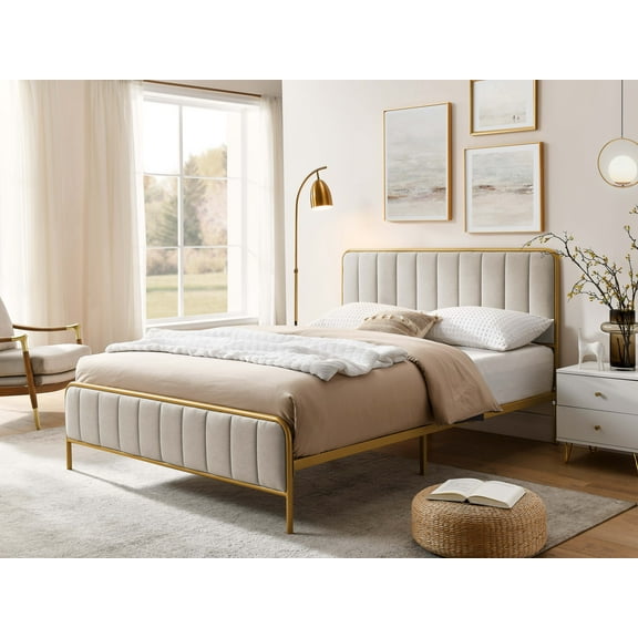 Dokea Upholstered Queen Bed Frame - Neutral Color, Modern Design