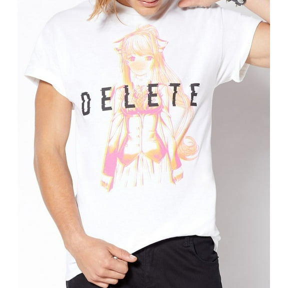 Doki Doki Literature Club Japanese Anime Men's Officially Licensed Delete Monika Tee T-Shirt - White (Large, White)