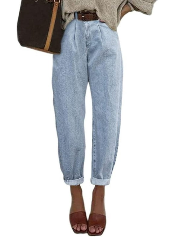 Dokotoo Baggy Jeans for Women Casual High Waisted Stretch Loose Balloon Tapered Denim Pants Fashion Solid Color Boyfriend Cropped Jean Trousers with Pockets US Size 4-18