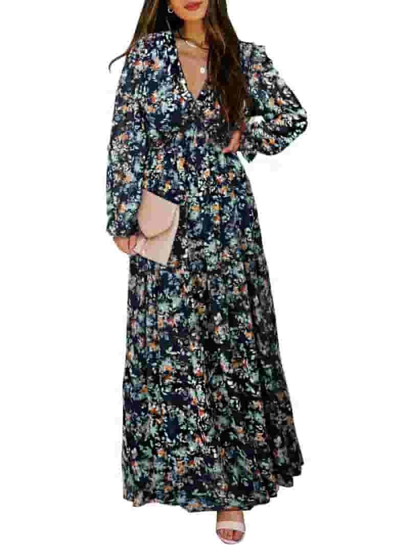 Boho Sexy Deep V Chiffon Dress Floral Print Midi Dress Boho Sexy Deep V Chiffon Dress Floral Print Midi Dress