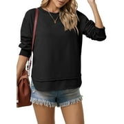 DOKOTOO Crewneck Sweatshirts for Women Loose Long Sleeve Side Split Hem Solid Color Fall Sweatshirts Pullover Tops Black M US8-10