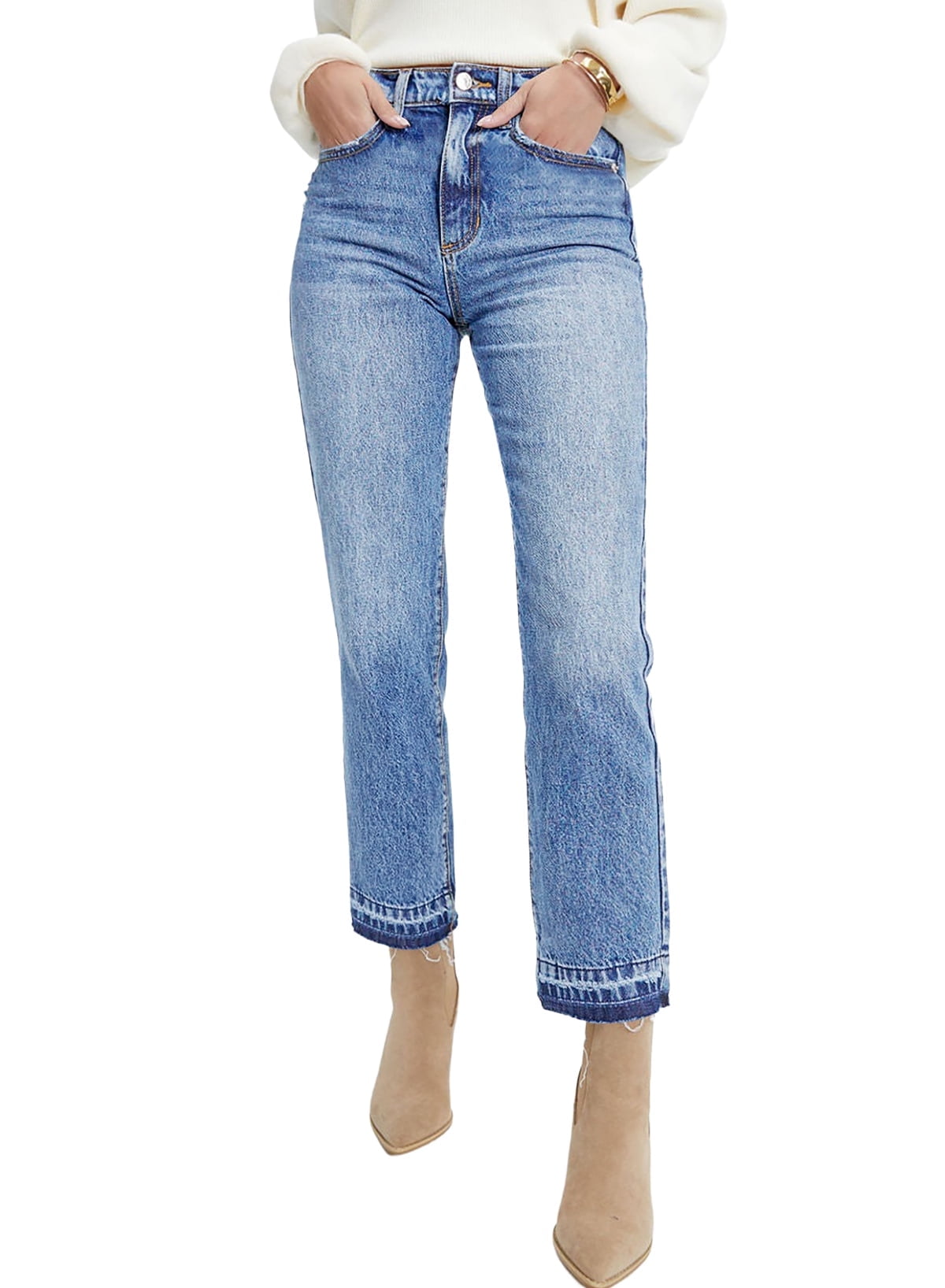 Dokotoo Cropped Jeans for Women Classic Basic Distressed Frayed Denim ...