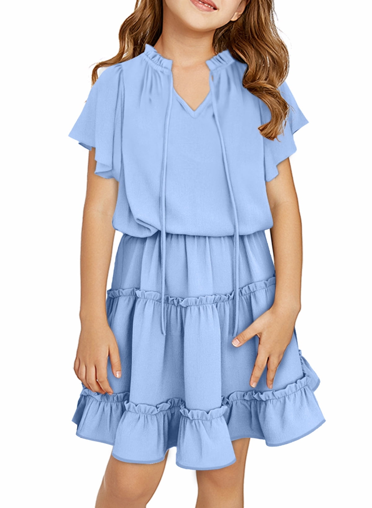 Dokotoo Girl Drawstring V Neck Dress Short Sleeve Ruffled Hem Tunic