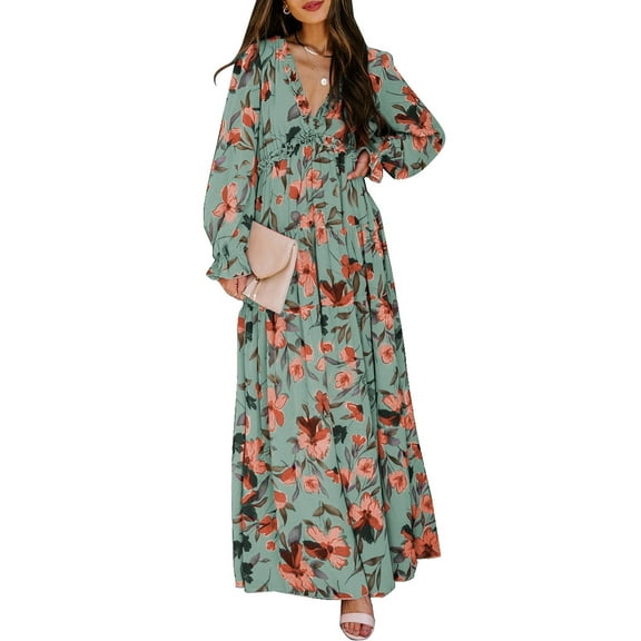 DOKOTOO Green Boho Floral Dress for Women Trendy V Neck Long Lantern Sleeve Elastic Cuffs Maxi Dresses Casual Ruffle Layered Flowy Fall Long Dresses, US 8-10(M)