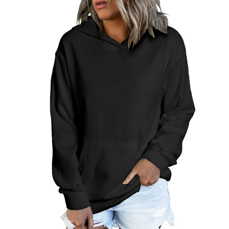 Dokotoo Hoodies Sweatshirts for Jumper Solid Ribbed Cuffs Color Tops US12-14 Women Black L Sleeve Sweatshirt Pullover Hooded Long
