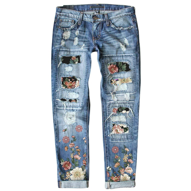 Dokotoo Jean for Woman Stretch Floral Print Destroyed Jeans Retro Patch  Fashion Stretch Distressed Casual Ripped Denim Pants