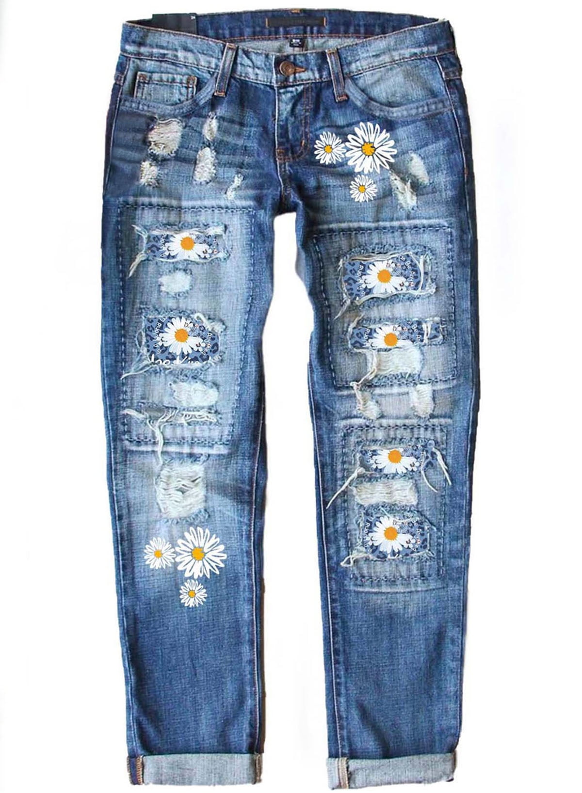 Dokotoo Jeans for Women Plus Size Daisy Printed Ripped Jeans Flower ...