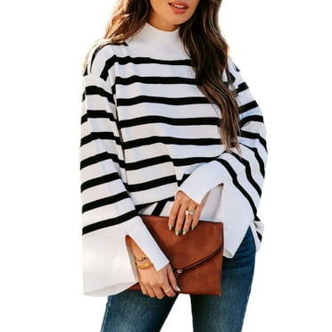 DOKOTOO Pullover Sweaters for Women Bell Sleeves Mock Neck Baggy Fall Sweater Tops Casual Relaxed Fit Striped Split Cuffs Ribbed Chunky Jumpers Size XX-Large US18-20