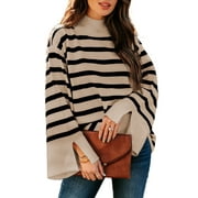 Dokotoo Pullover Sweaters for Women Casual Loose Long Sleeve Mock Neck Ribbed Jumper Sweaters Chunky Knit Baggy Fall Striped Sweater Top Size Large US12-14