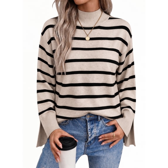 DOKOTOO Pullover Sweaters for Women Casual Loose Long Sleeve Mock Neck Ribbed Jumper Sweaters Chunky Knit Baggy Fall Striped Sweater Top Size Large US12-14