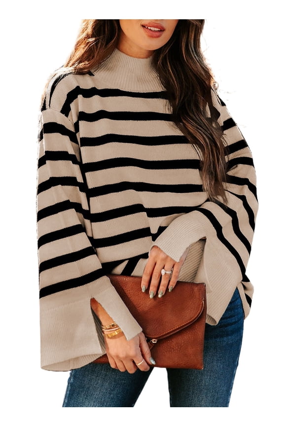 Pullover Sweaters for Women Casual Loose Long Sleeve Mock Neck Ribbed Jumper Sweaters Chunky Knit Baggy Fall Striped Sweater Top Size Large US12-14
