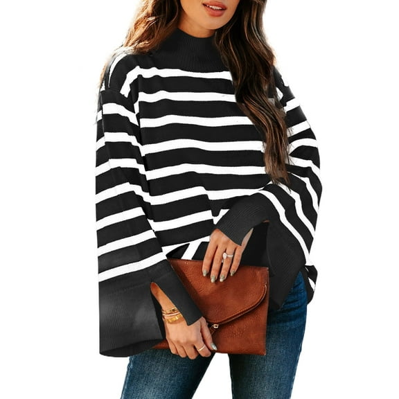 DOKOTOO Pullover Sweaters for Women Classic Striped Long Bell Sleeve Oversized Sweaters Trendy Mock Neck Winter Sweater Chunky Ribbed Knit Jumpers Size X-Large US16-18