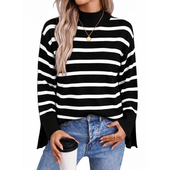 DOKOTOO Pullover Sweaters Women Long Wide Sleeve with Split Cuffs Jumper Tops Fashion Oversized Colorblock Striped Ribbed Hem Pullover Top Size Small US4-6