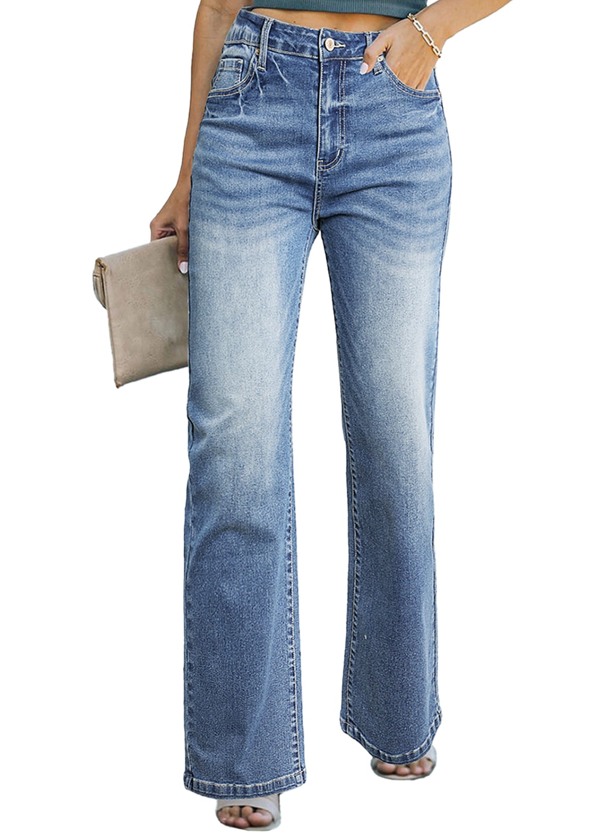 Solid Color Checkered Denim Wide Leg Jeans