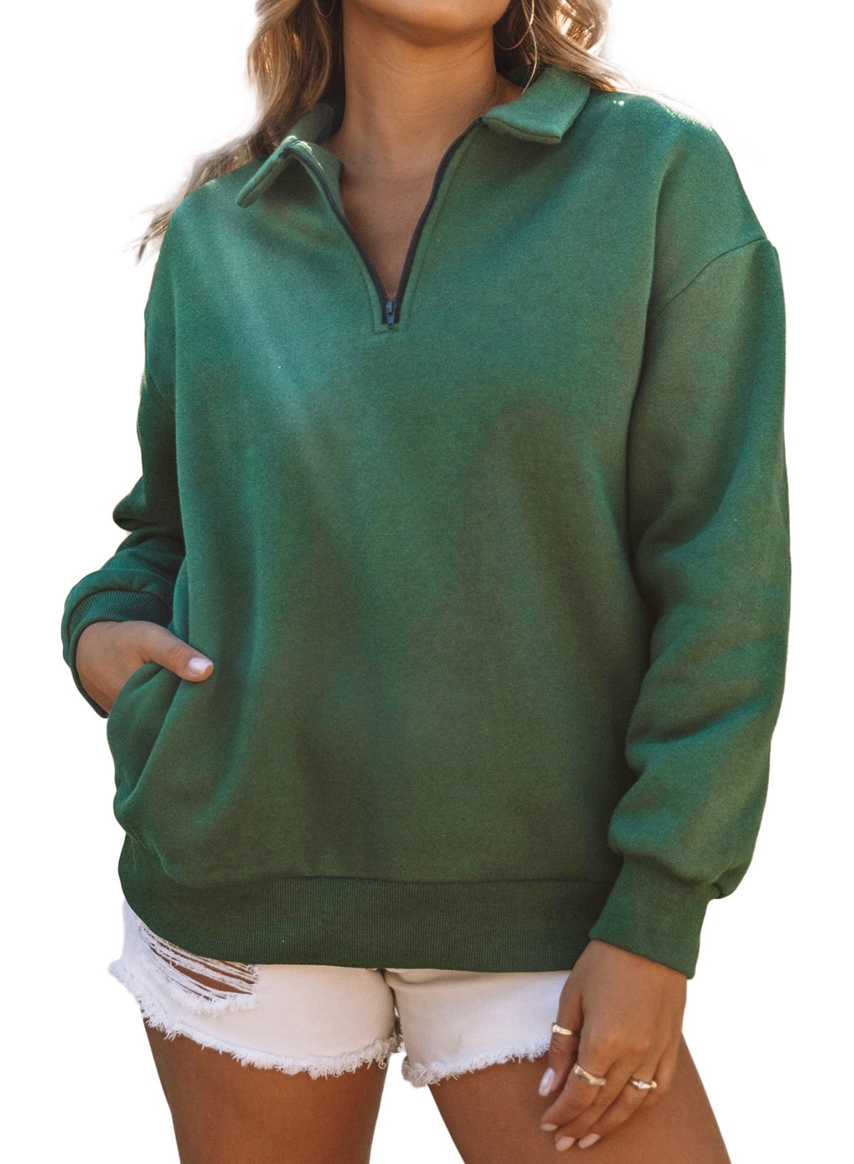 Dokotoo Women Casual Sweatshirts 1/4 Zip Up Long Sleeves Drop Shoulder