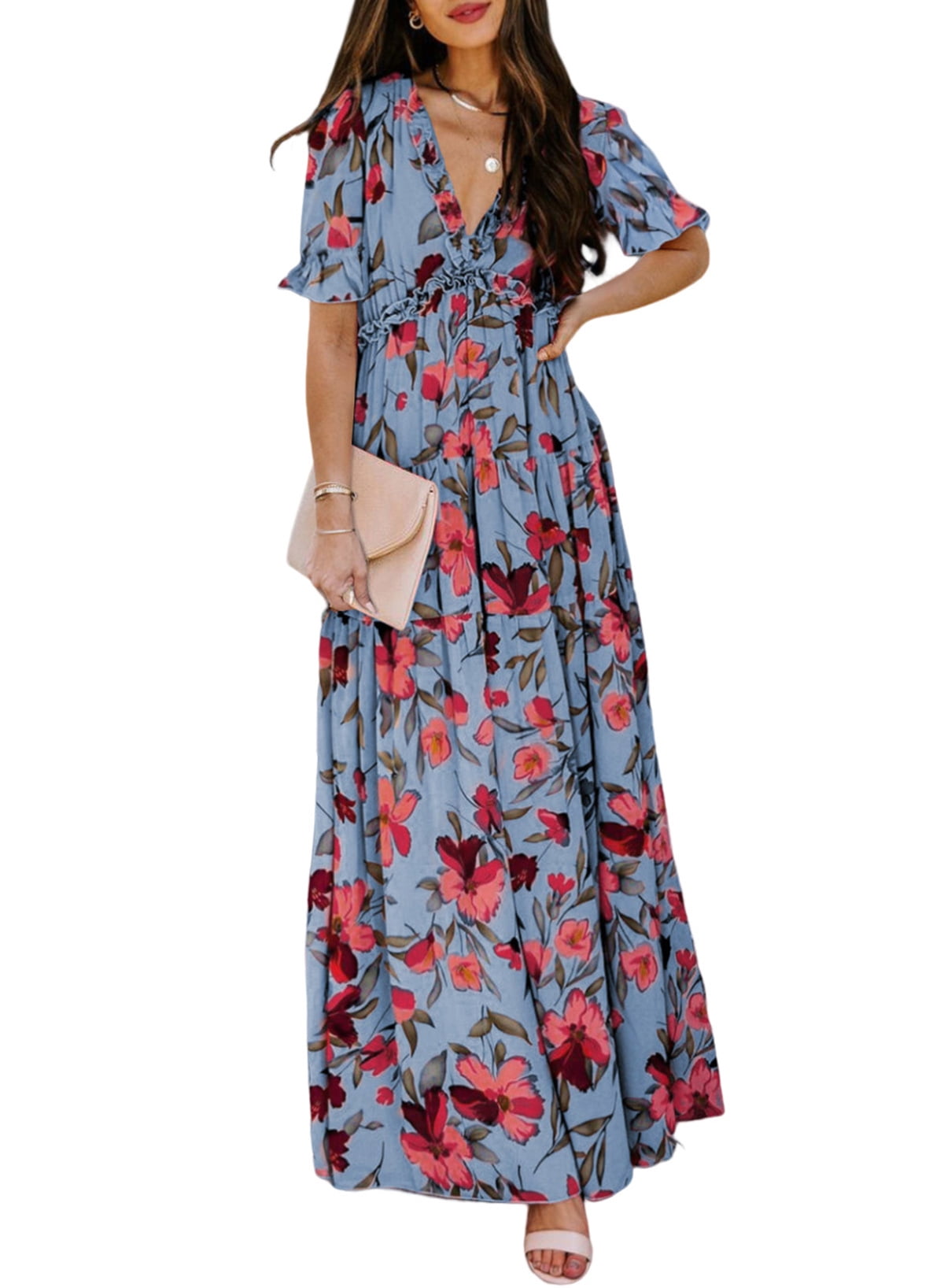 V-neck Summer Dress Women's Chiffon Maxi Dress 2025 - Elegant V Neck Short Sleeve Summer Dress 2025 Fashion Dress