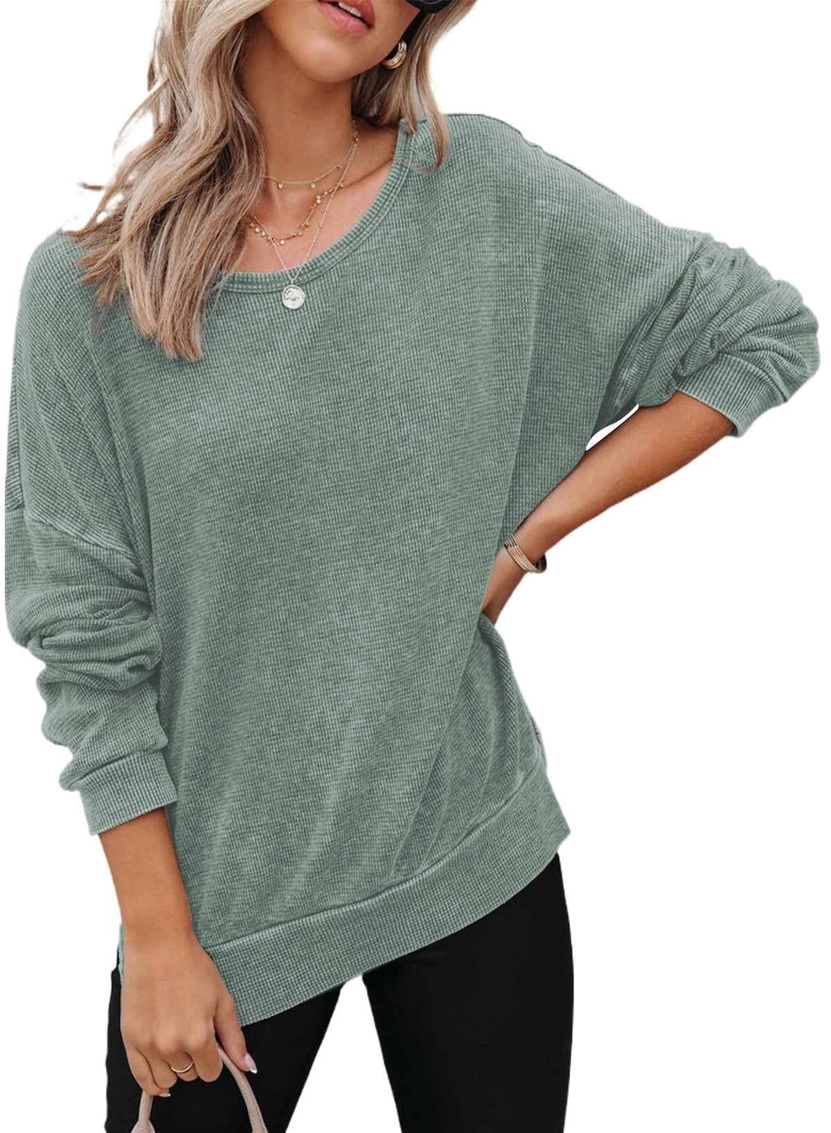 Dokotoo Women Pullover Sweatshirt Fall Autumn Crew Neck Solid Color Jumper Tops Long Sleeve