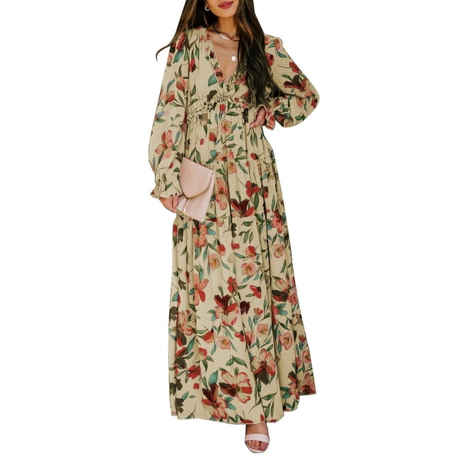 Dokotoo Women's Apricot Floral Maxi Dresses Casual Deep V Neck Long Sleeve Evening Dress Cocktail Party Dress for Women, US 16-18(XL)