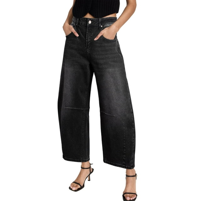 DOKOTOO Women's Barrel Jeans Wide Leg Vintage Mid Rise Y2k Baggy Boyfriend Ankle Denim Pants Black