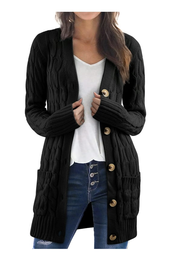 Women's Black Button-up Long Sleeve Open Front Knitted Cardigan Sweater with Two Front Pockets Size XX-Large US 18-20