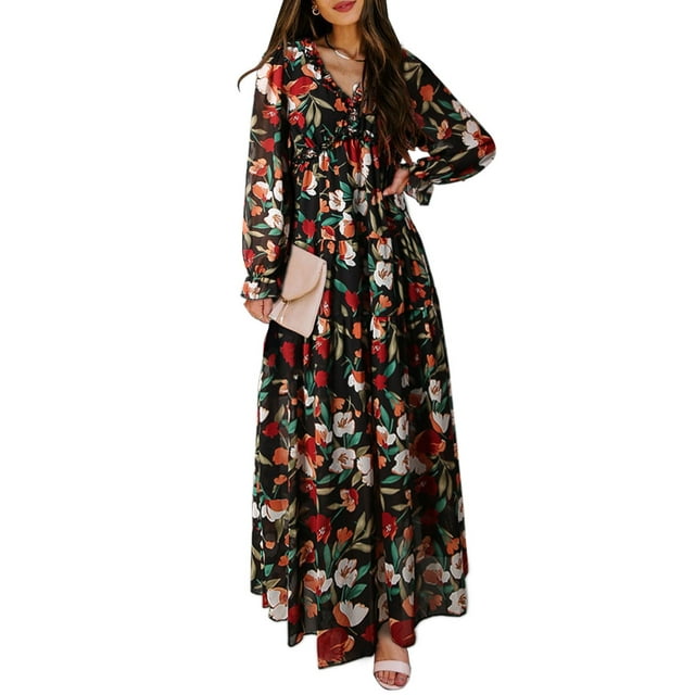 Dokotoo Women's Black Floral Maxi Dresses Casual Deep V Neck Long Sleeve Evening Dress Cocktail Party Dress for Women, US 8-10(M)