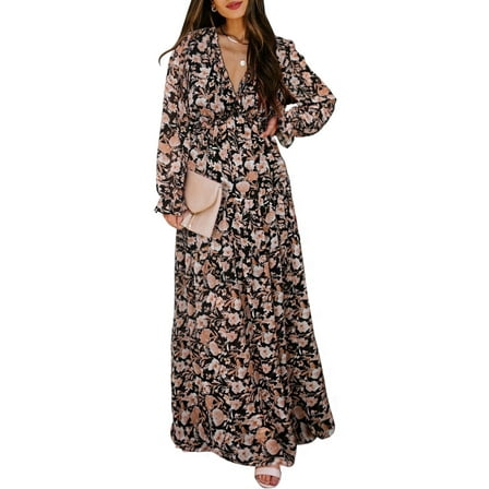 DOKOTOO Women's Black Maternity Dresses Long Sleeve Relaxed Fit Ruffle Layered Maxi Dresses Fashion Elegant V Neck Floral Print Fall Autumn Dress, US 16-18(XL)