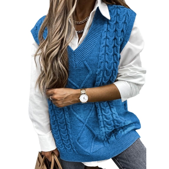 Dokotoo Women's Blue Cable Knitted Sweater Vest Oversized Sleeveless Sweaters Tops Loose V Neck Winter Knit Tank Casual Oversize Warm Vest, US 4-6(S)