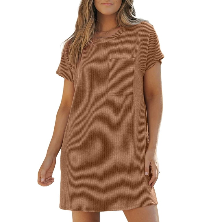 Dokotoo Women s Casual Dresses Straight Loose Crew Neck Summer T Shirt Dress Short Sleeve Ribbed T shirt Mini Dress Holiday Vacation with Pocket Brown