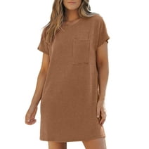 Dokotoo Women's Casual Dresses Straight Loose Crew Neck Summer T Shirt Dress Short Sleeve Ribbed T-shirt Mini Dress Holiday Vacation with Pocket Brown Size L US12-14