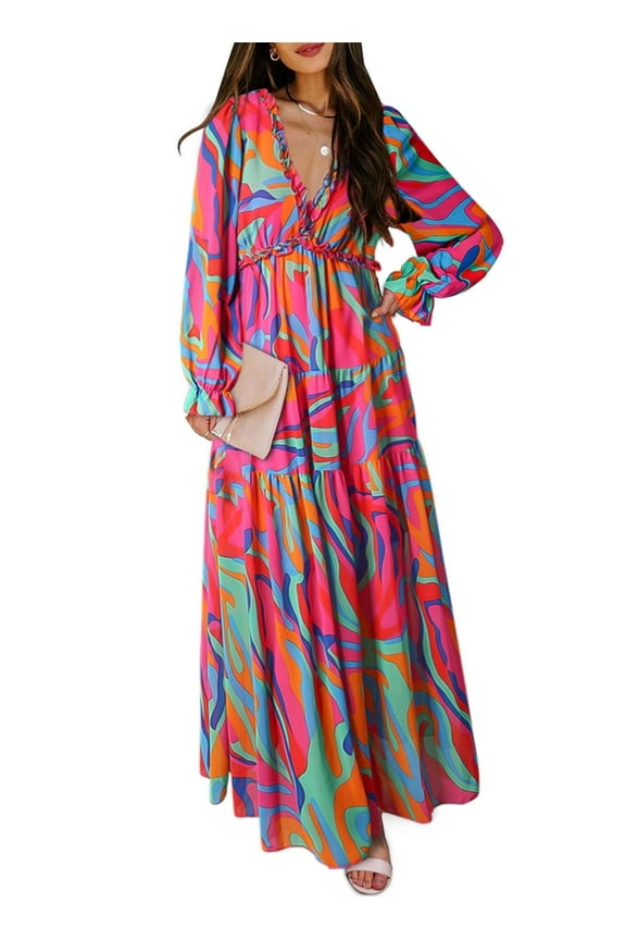 Women's Colorblock Floral Bohemian Maxi Dress Casual Long Sleeves Elastic Cuffs Fall Dress Deep V Neckline Party Evening Dress Guest Dress for Women, US 12-14(L)