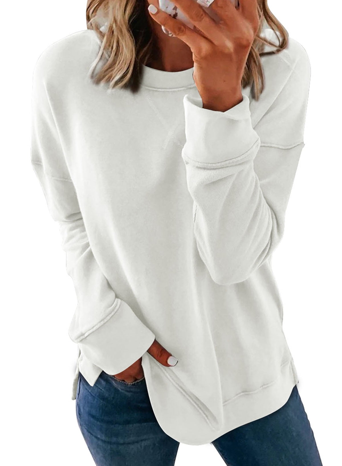 Dokotoo Women's Crewneck Sweatshirts Loose Fit Long Sleeves Pullover Tops Casual Solid Jumper