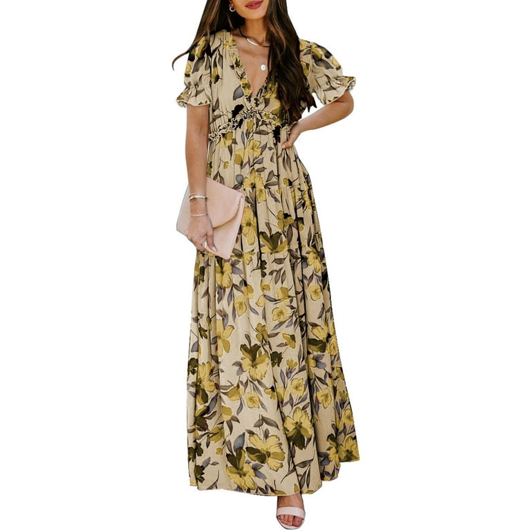 Chiffon Short sleeve Print Maxi V neck High waist Vacation Dresses Chiffon Short sleeve Print Maxi V neck High waist Vacation Dresses