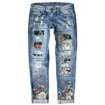 Dokotoo Women's Floral Print Destroyed Jeans Retro Patch Fashion Stretch Distressed Casual Ripped Denim Pants