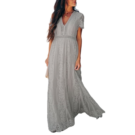 Dokotoo Women's Gray V Neck Lace Maxi Dresses Short Sleeve Evening Gown Party Maxi Dress Size XX-Large US 18-20