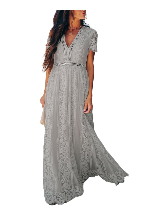 Women's Gray V Neck Lace Maxi Dresses Short Sleeve Evening Gown Party Maxi Dress Size XX-Large US 18-20